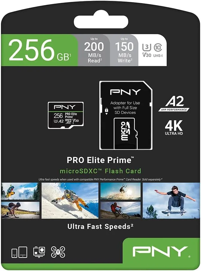 PNY 256GB PRO Elite Prime™ C10 U3 V30 A2 microSDXC Flash Memory Card – Ultra-Fast Speeds, Read 200MB/s, Write 150MB/s, 4K UHD, Full HD, UHS-I, for Smartphones, Drones, Action Cameras