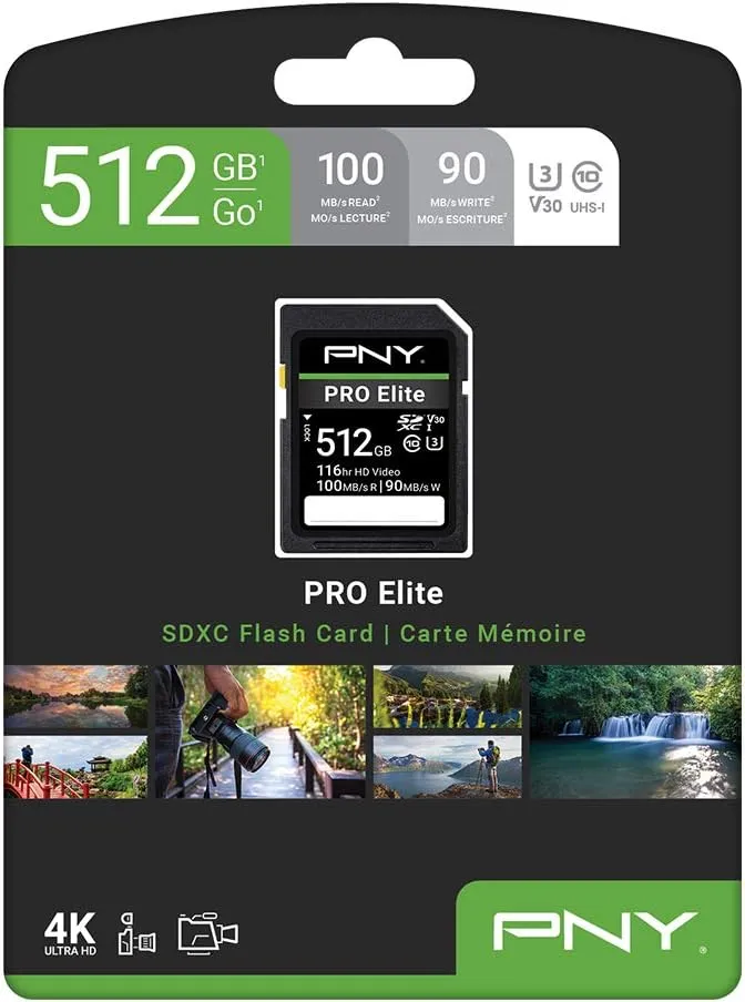 PNY 512GB PRO Elite Class 10 U3 V30 SDXC Flash Memory Card - 100MB/s, Class 10, U3, V30, 4K UHD, Full HD, UHS-I, Full Size SD