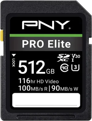 PNY 512GB PRO Elite Class 10 U3 V30 SDXC Flash Memory Card - 100MB/s, Class 10, U3, V30, 4K UHD, Full HD, UHS-I, Full Size SD