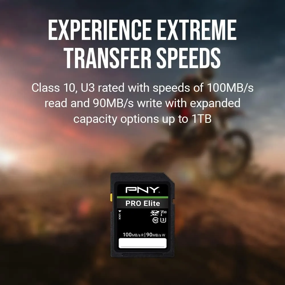 PNY 512GB PRO Elite Class 10 U3 V30 SDXC Flash Memory Card - 100MB/s, Class 10, U3, V30, 4K UHD, Full HD, UHS-I, Full Size SD