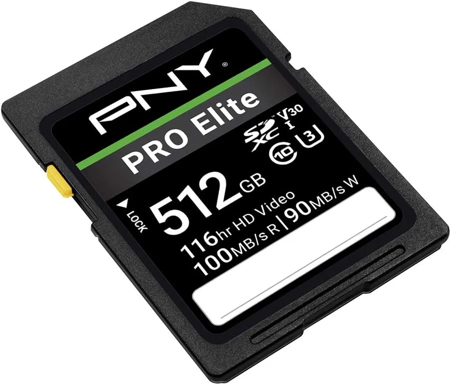 PNY 512GB PRO Elite Class 10 U3 V30 SDXC Flash Memory Card - 100MB/s, Class 10, U3, V30, 4K UHD, Full HD, UHS-I, Full Size SD