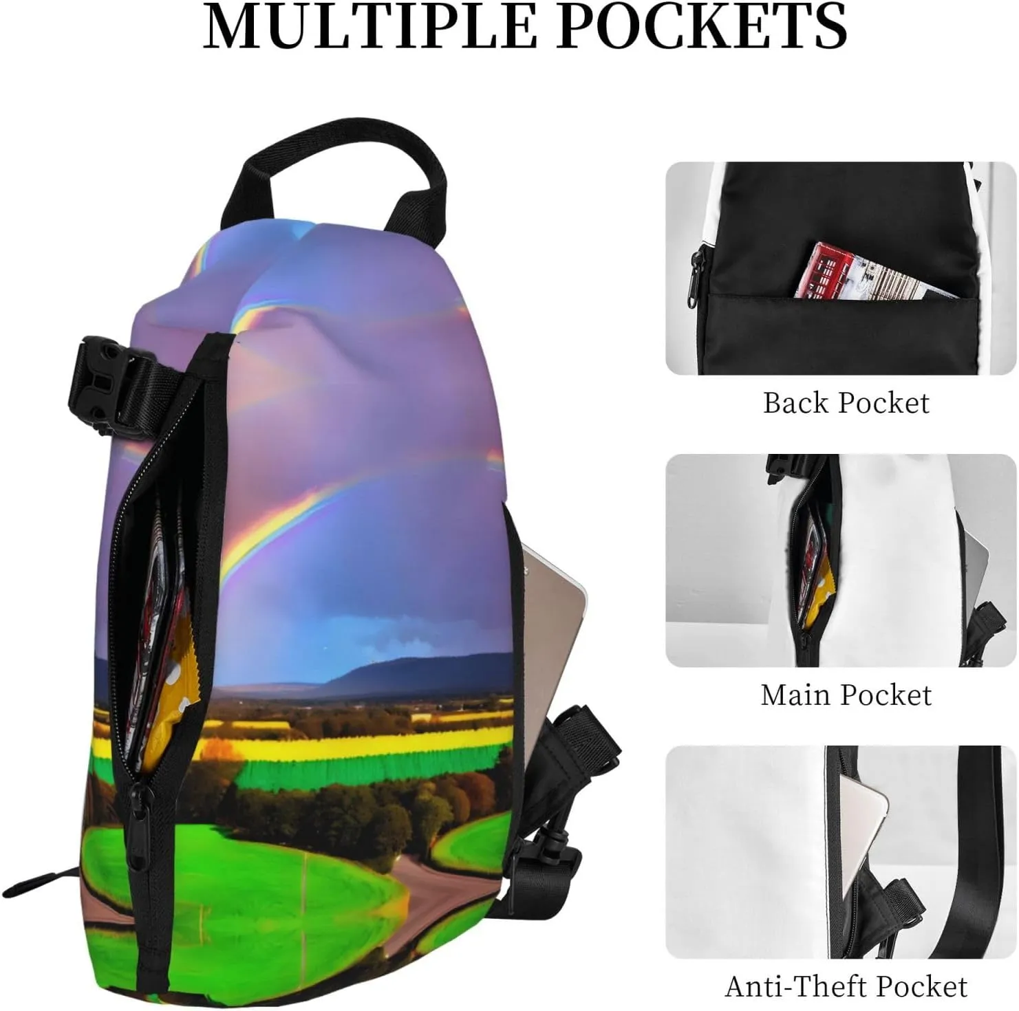 Polyester Fiber Waterproof Waist Bag -Backpack 4 Pocket Compartments Ideal for Outdoor Activities Evening Rainbow