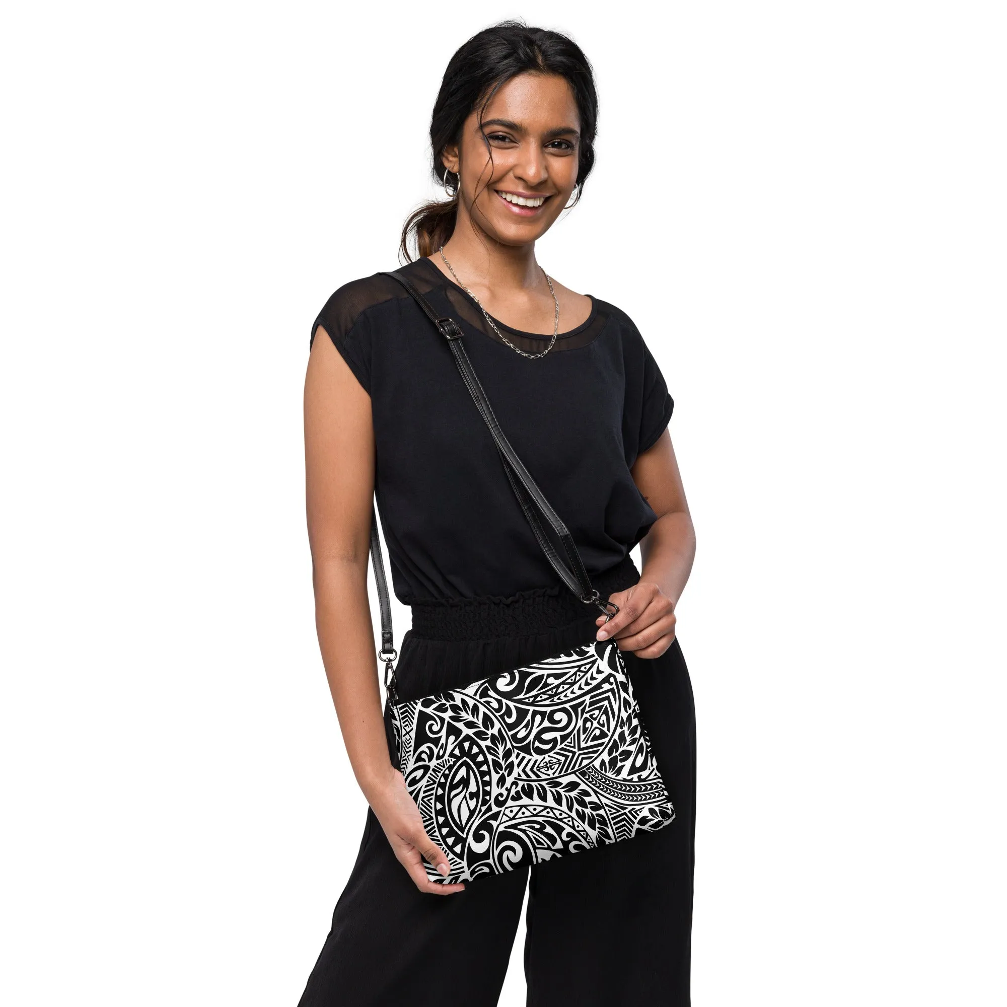 Polynesian Tribal in black and white crossbody bag