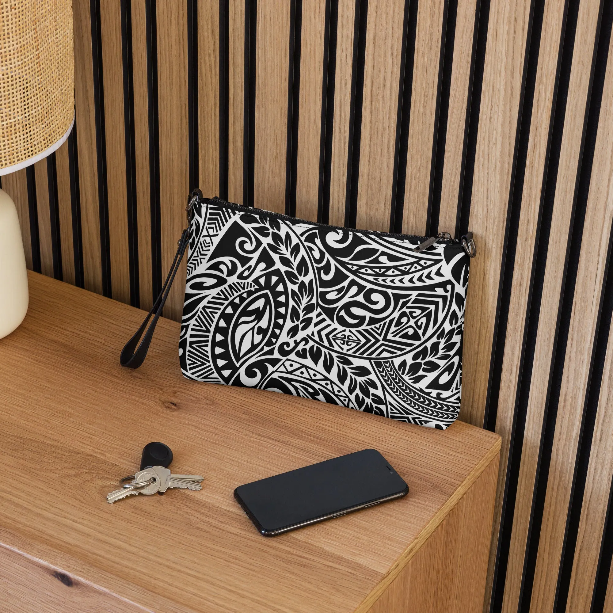 Polynesian Tribal in black and white crossbody bag