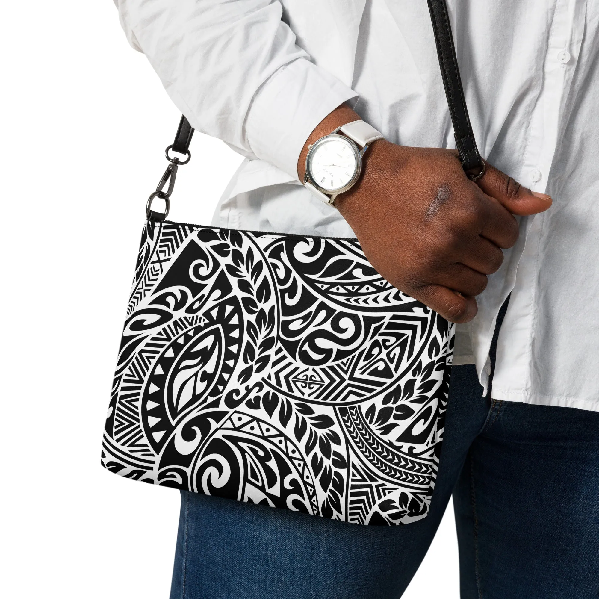 Polynesian Tribal in black and white crossbody bag
