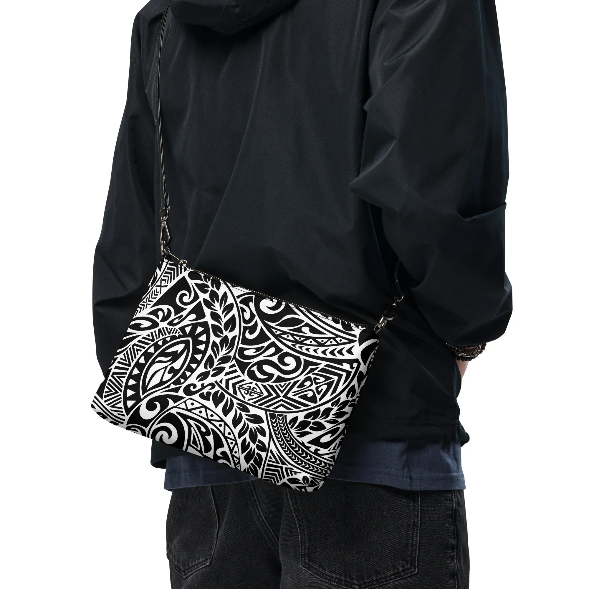 Polynesian Tribal in black and white crossbody bag