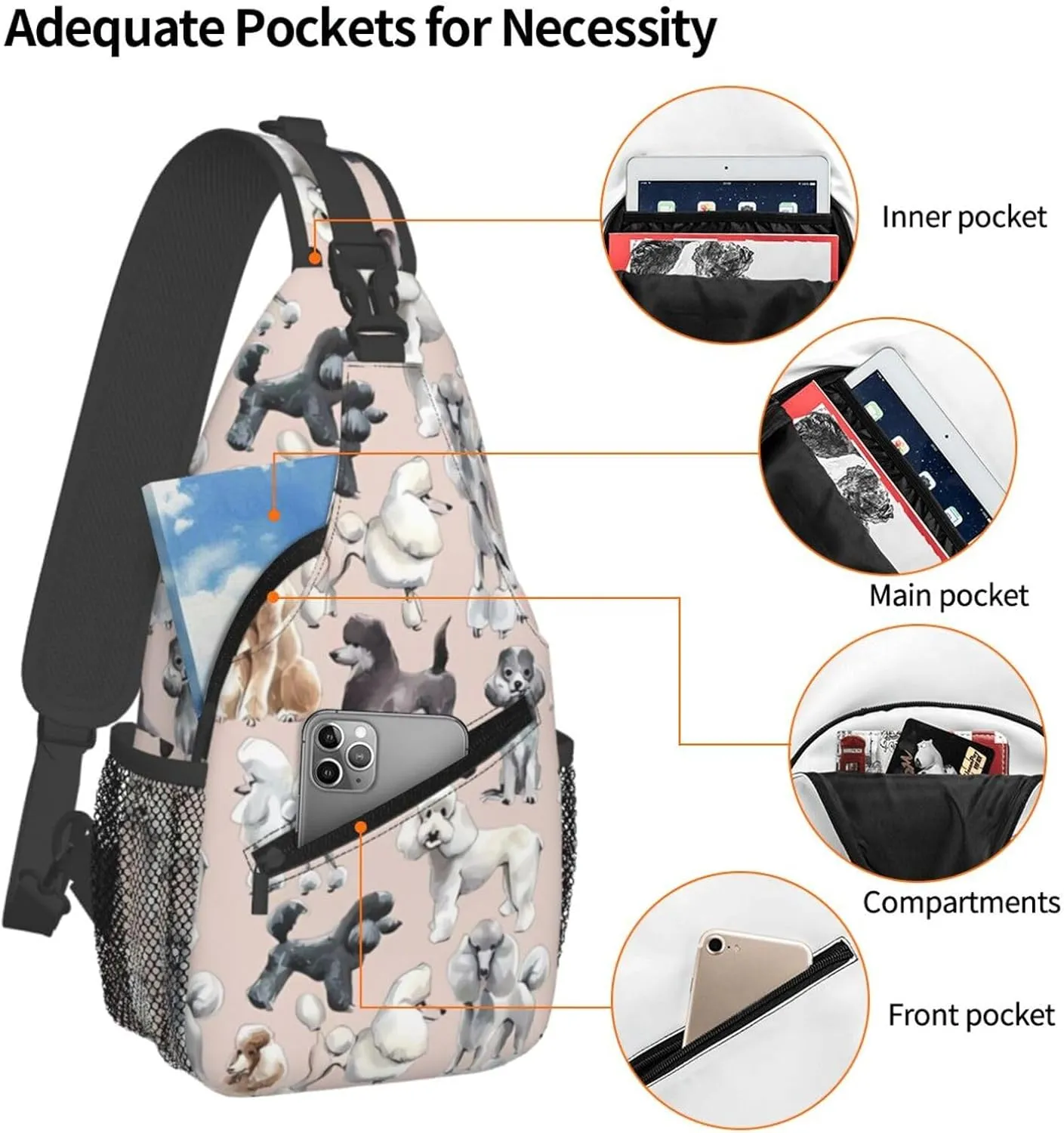 Poodles Dogs Print Men's Cross Chest Bag Diagonally, Cute Crossbody Shoulder Backpack, 7.5" L x 3.5" W x 15.3" H
