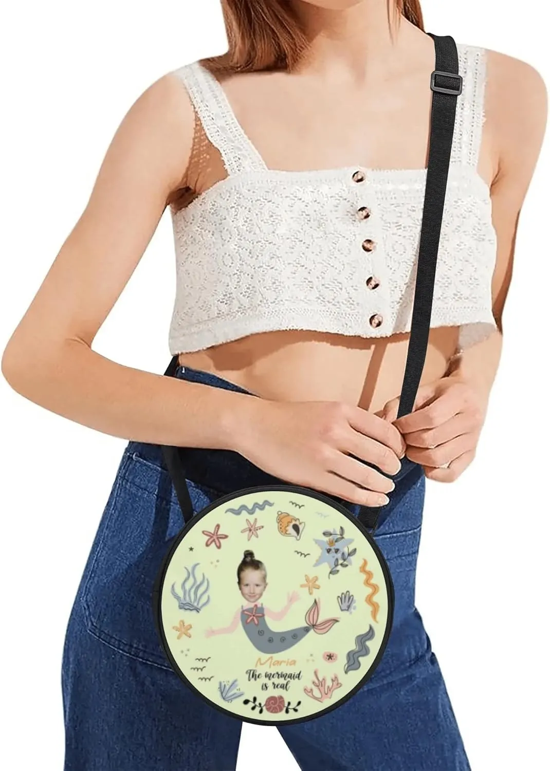POPCUSTOMS Custom Photo Round Purse with Photo Text Personalized Crossbody Satchel Handbag with Adjustable Strap