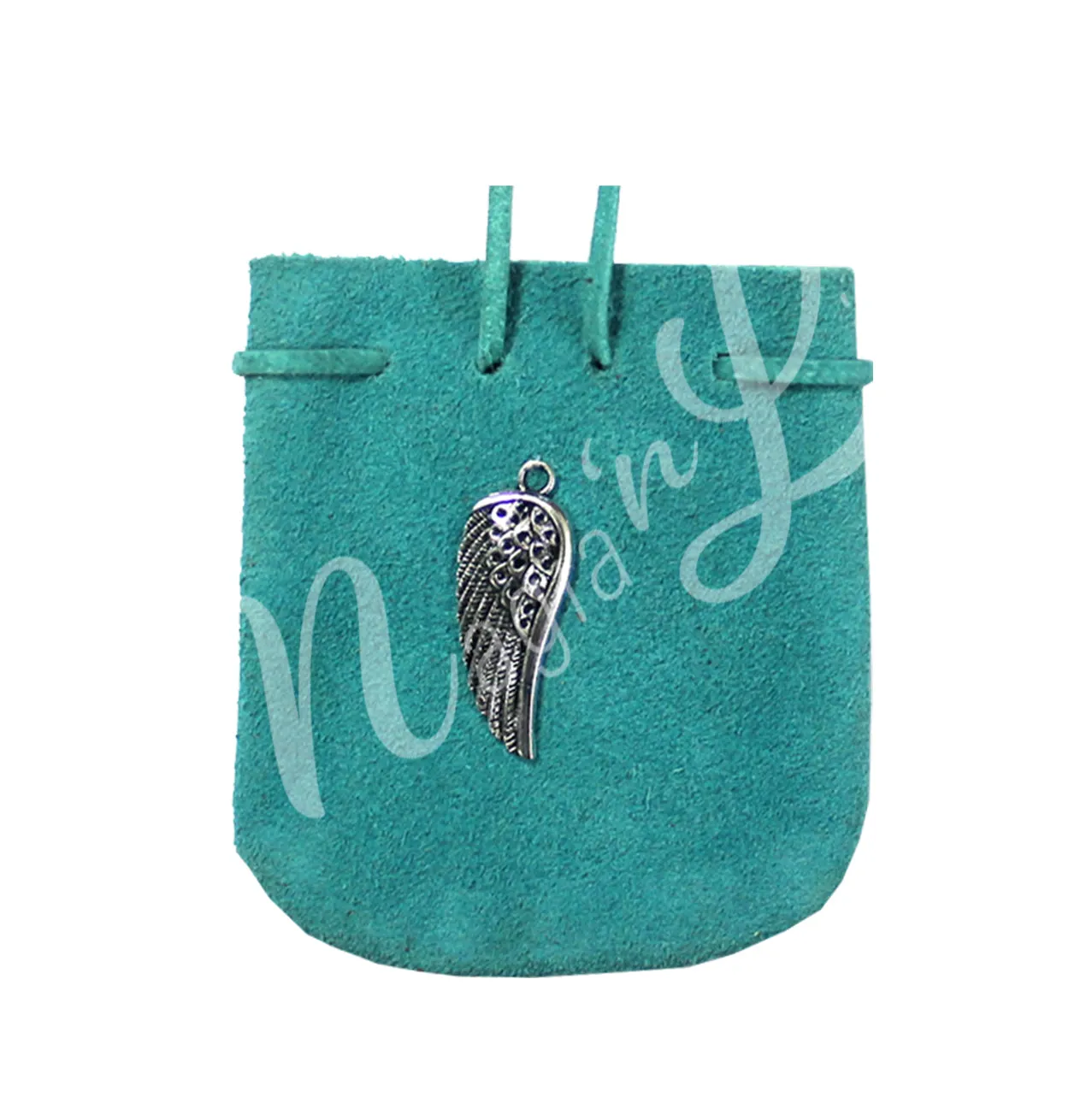 Pouch Turquoise Suede Rounded with Angel Wing Charm 3.25 X 2.75″
