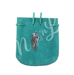 Pouch Turquoise Suede Rounded with Angel Wing Charm 3.25 X 2.75″