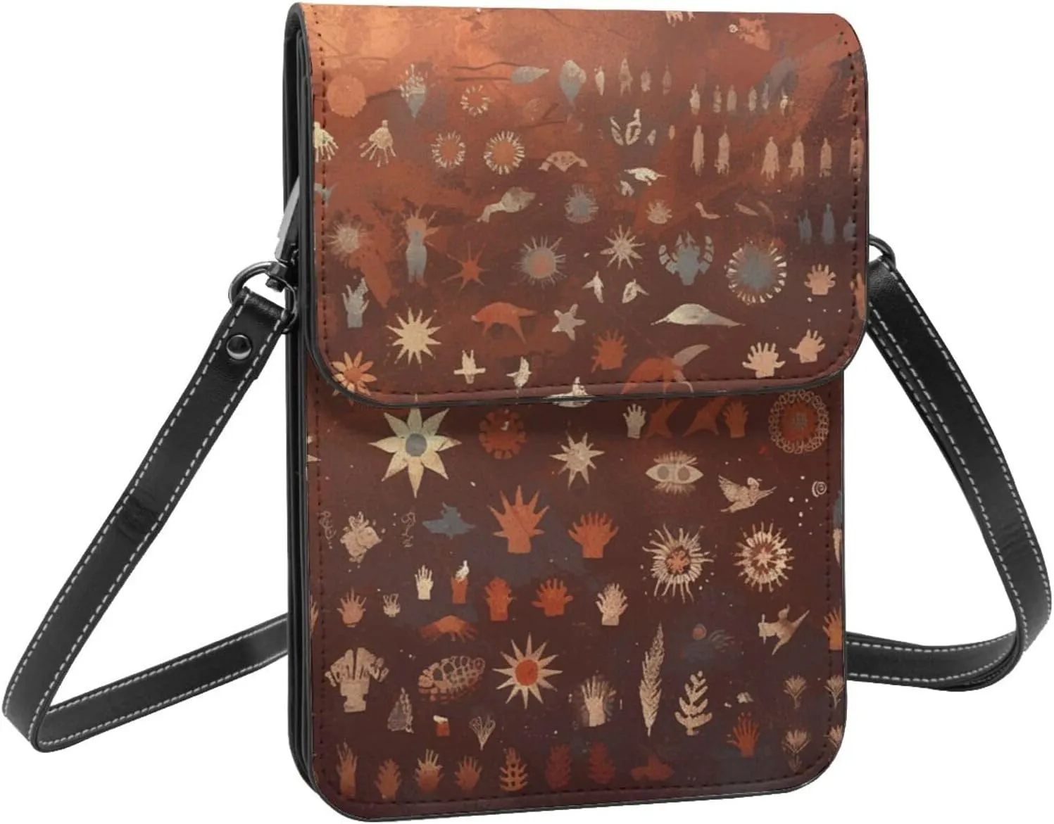Prehistoric cave paintings symbols and shapes old crossbody cell phone purse for womens lightweight small soft leather fashion travel wallet with adjustable strap