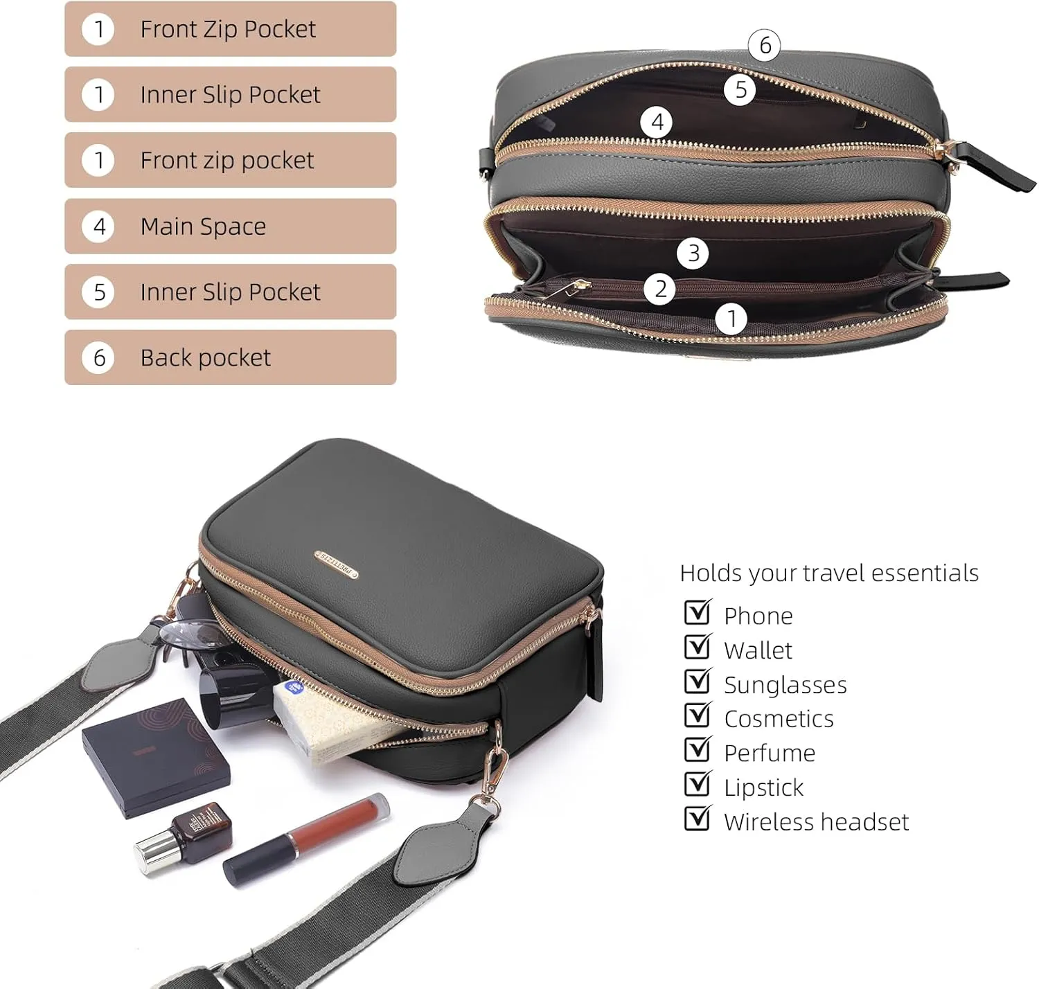 Prettyzys Crossbody Bags for Women, Medium Size Shoulder Handbags, Satchel Purse with Multi Zipper Pocket