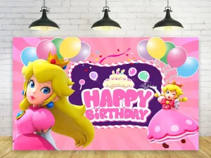 Princess Peach Backdrop & Banner - 5x3ft for Birthday Party & Baby Shower Decorations