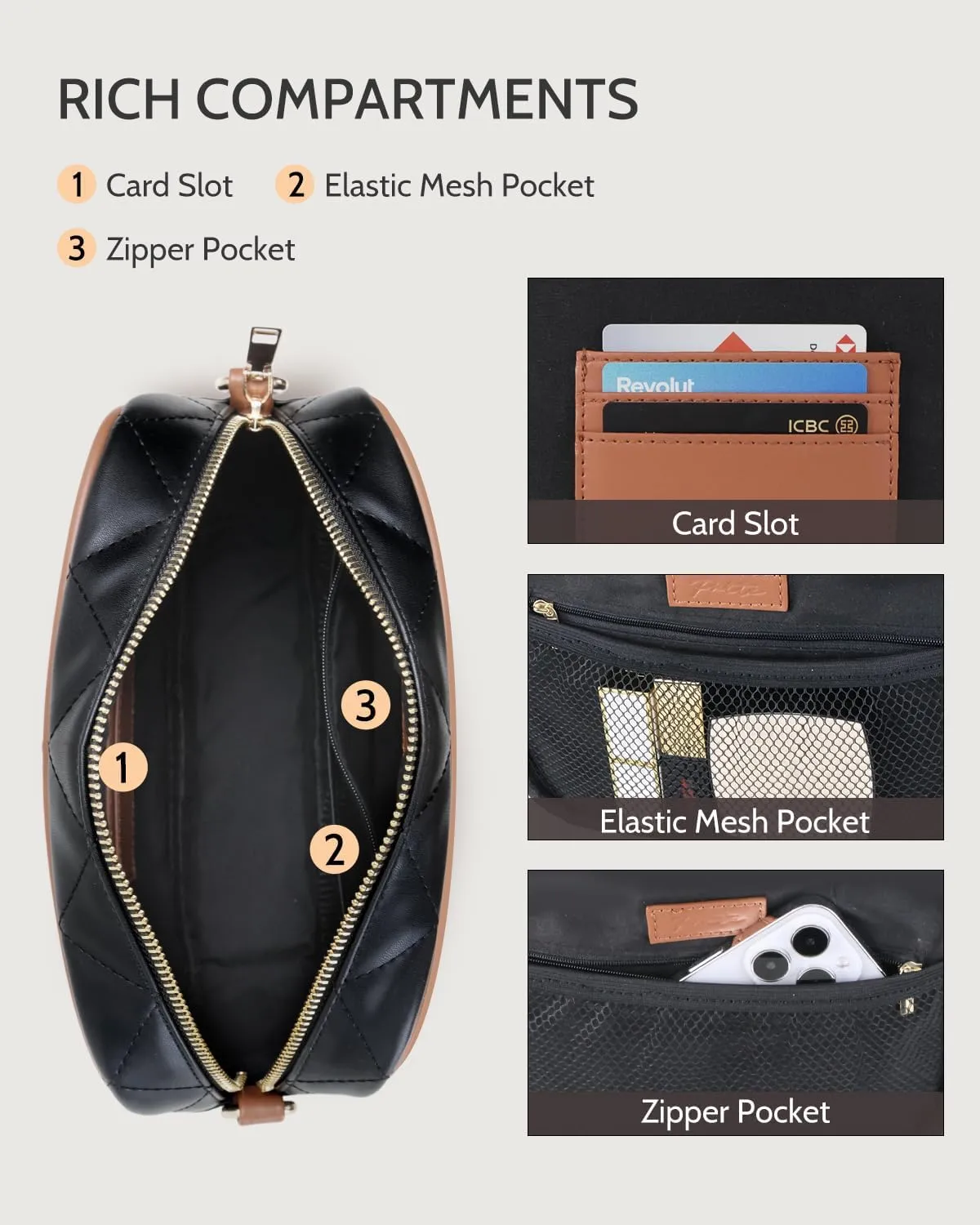 Prite Quilted Crossbody Bag for Women, Vegan Leather Handbag with Shoulder Strap, Small Purse with Card Slots