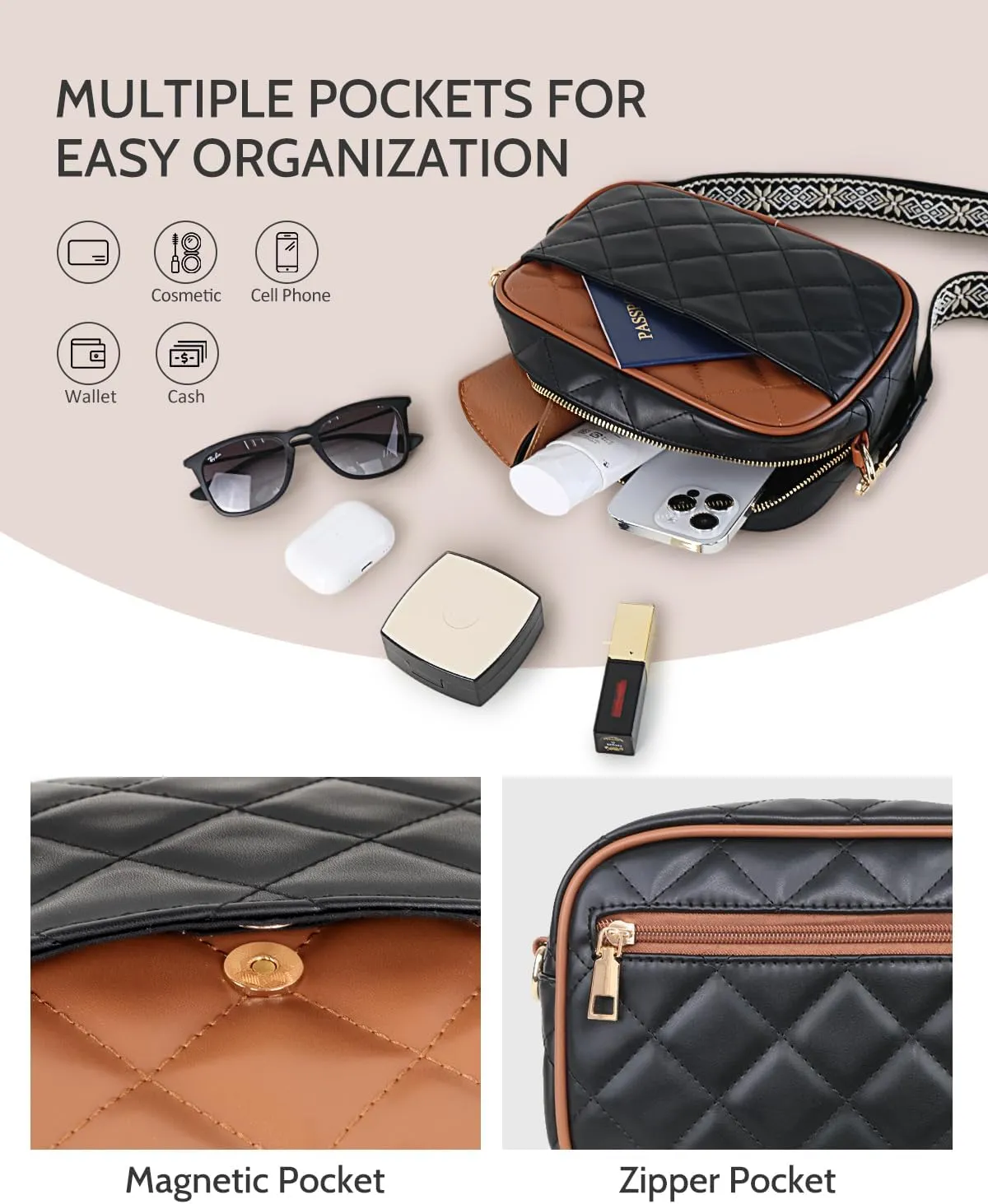 Prite Quilted Crossbody Bag for Women, Vegan Leather Handbag with Shoulder Strap, Small Purse with Card Slots