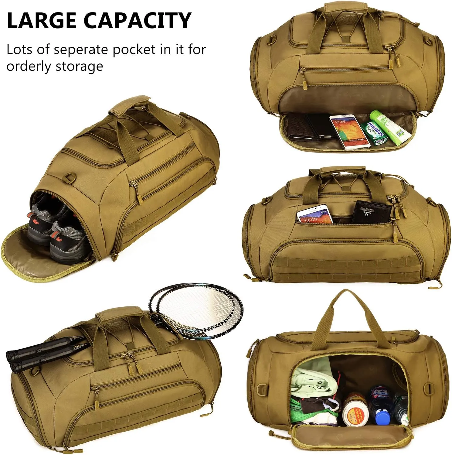 Protector Plus Tactical Duffle Bag Men Sports Gym Backpack Military MOLLE Luggage Suitcase Travel Camping Outdoor Rucksack (Rain Cover & Patch Included), Black Camo, 35L