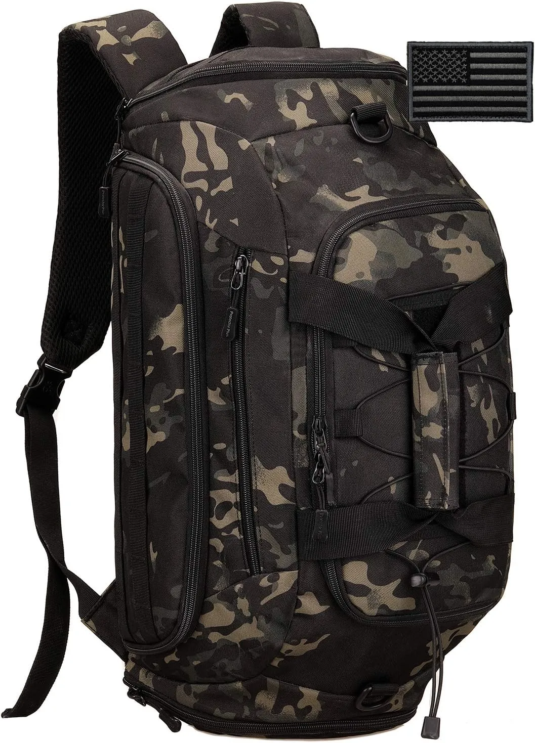 Protector Plus Tactical Duffle Bag Men Sports Gym Backpack Military MOLLE Luggage Suitcase Travel Camping Outdoor Rucksack (Rain Cover & Patch Included), Black Camo, 35L