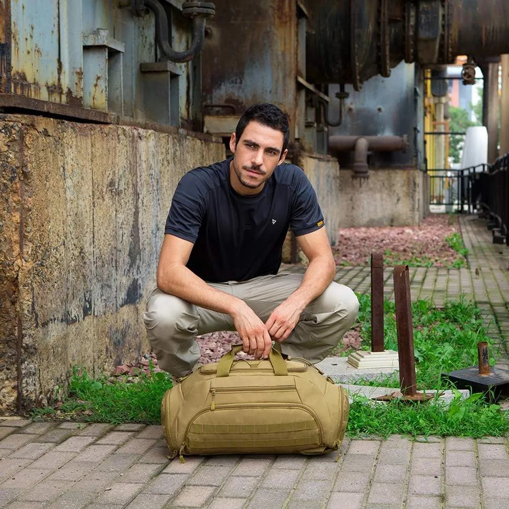 Protector Plus Tactical Duffle Bag Men Sports Gym Backpack Military MOLLE Luggage Suitcase Travel Camping Outdoor Rucksack (Rain Cover & Patch Included), Black Camo, 35L