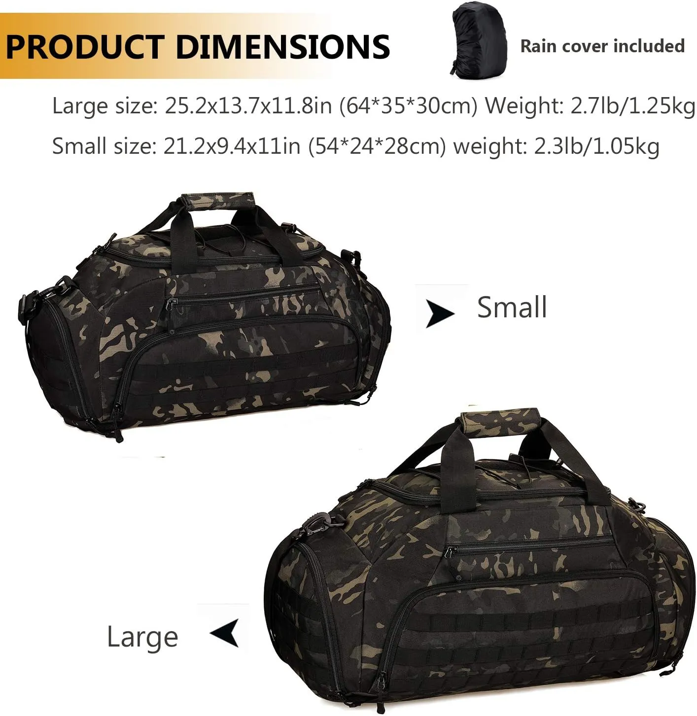 Protector Plus Tactical Duffle Bag Men Sports Gym Backpack Military MOLLE Luggage Suitcase Travel Camping Outdoor Rucksack (Rain Cover & Patch Included), Black Camo, 35L
