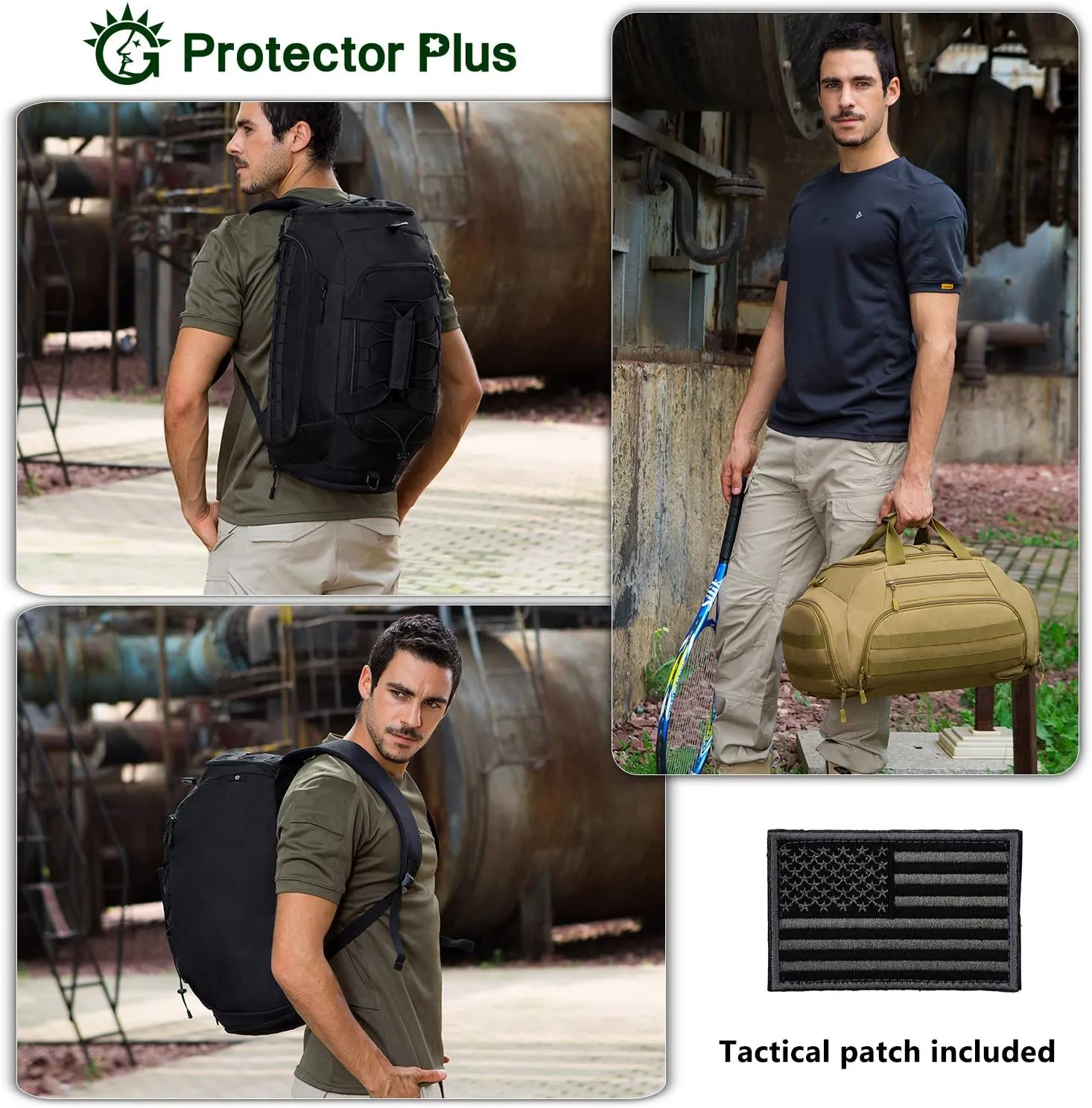 Protector Plus Tactical Duffle Bag Men Sports Gym Backpack Military MOLLE Luggage Suitcase Travel Camping Outdoor Rucksack (Rain Cover & Patch Included), Black Camo, 35L