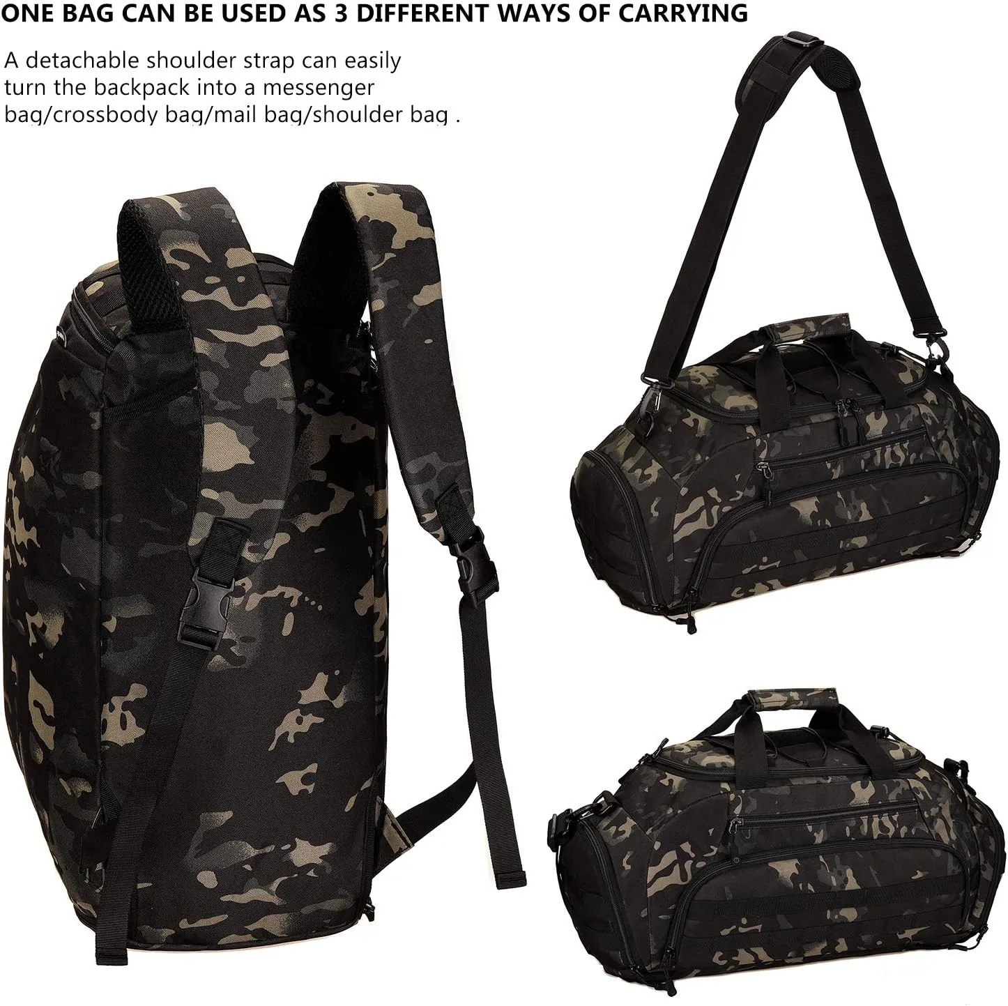 Protector Plus Tactical Duffle Bag Men Sports Gym Backpack Military MOLLE Luggage Suitcase Travel Camping Outdoor Rucksack (Rain Cover & Patch Included), Black Camo, 35L