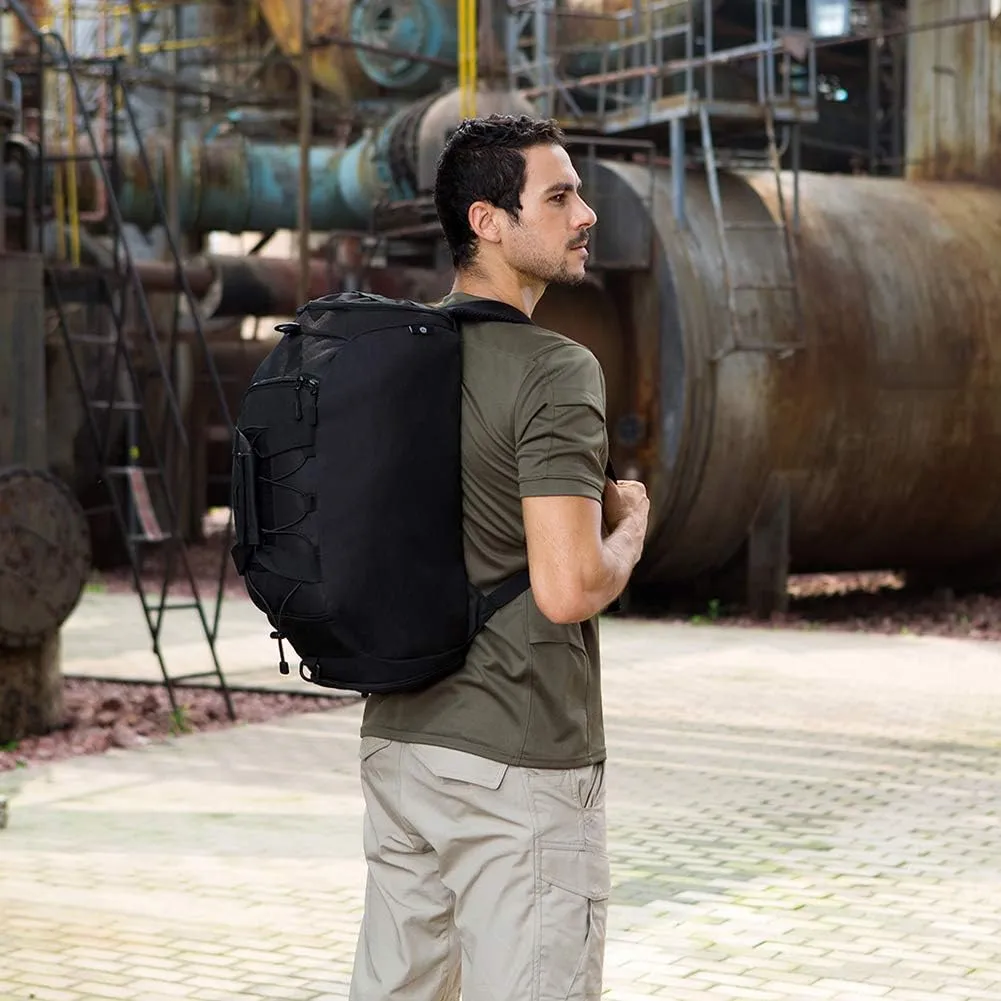 Protector Plus Tactical Duffle Bag Men Sports Gym Backpack Military MOLLE Luggage Suitcase Travel Camping Outdoor Rucksack (Rain Cover & Patch Included), Black Camo, 35L