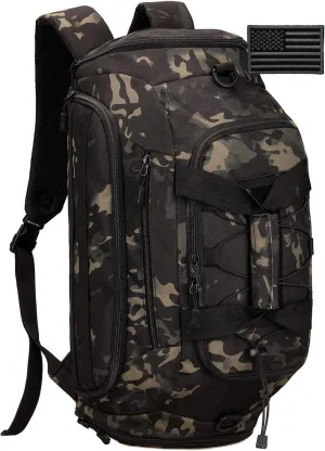 Protector Plus Tactical Duffle Bag Men Sports Gym Backpack Military MOLLE Luggage Suitcase Travel Camping Outdoor Rucksack (Rain Cover & Patch Included), Black Camo, 35L