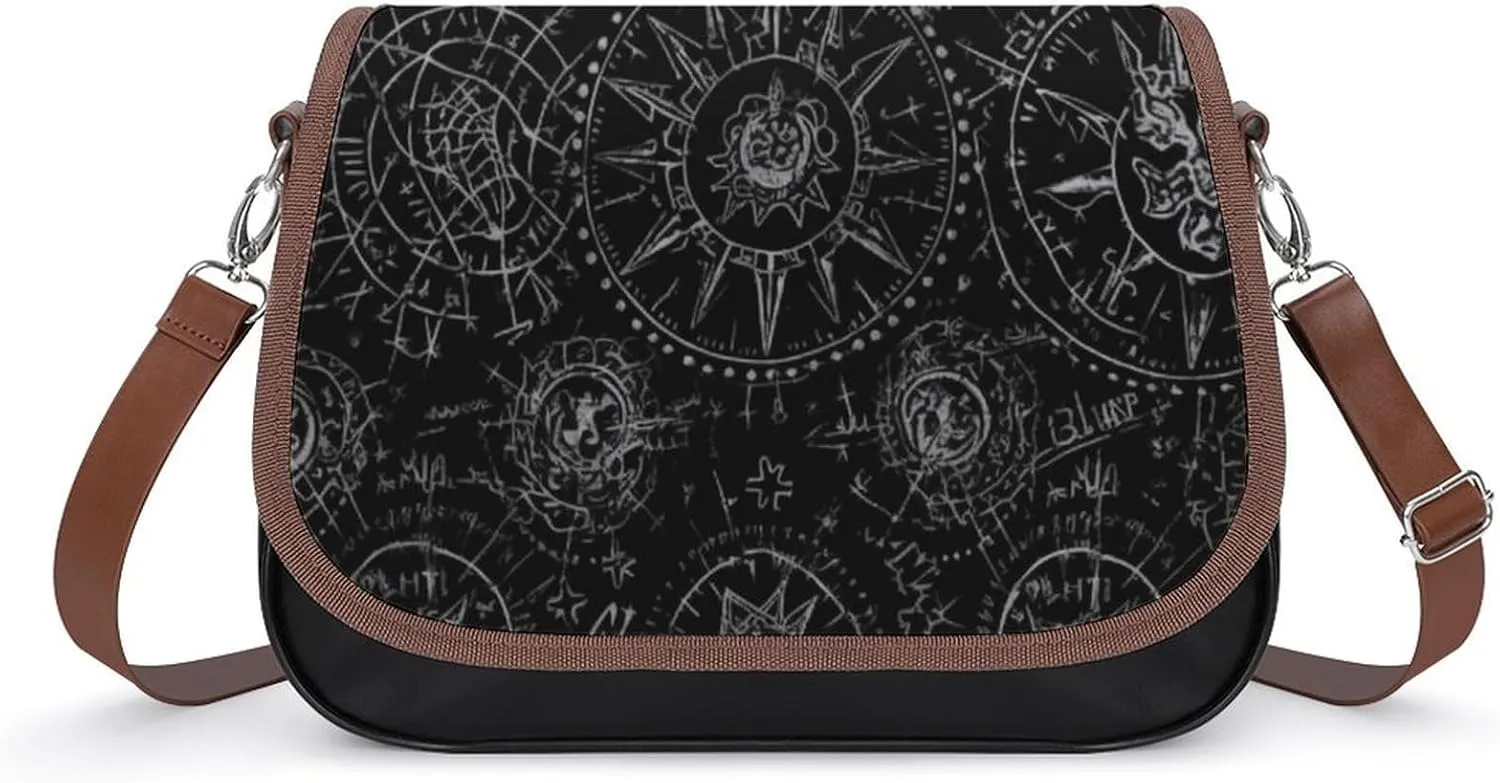 PU Leather Crossbody Bag,Supernatural Symbols Black Print Shoulder Bag,Flapover Crossbody Bag