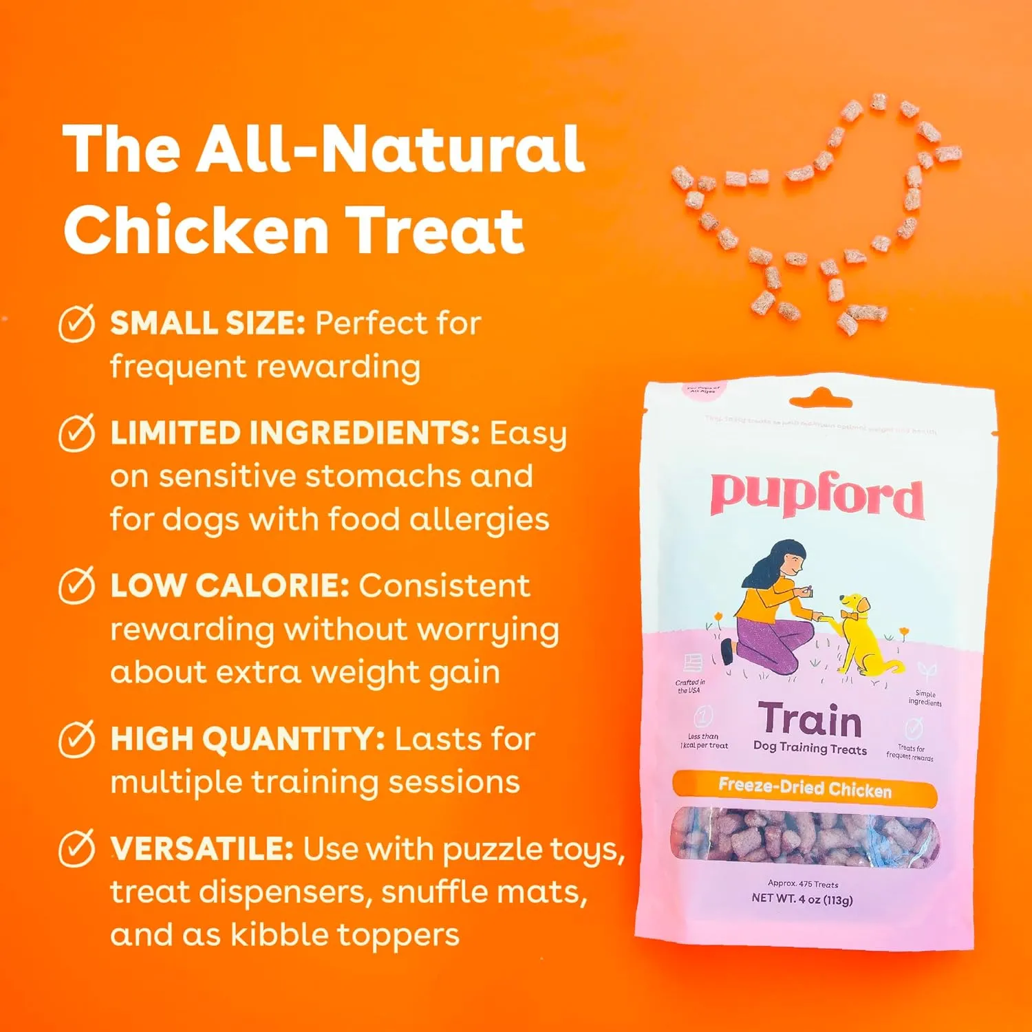 Pupford Freeze Dried Training Treats for Dogs & Puppies, 1400  Two Ingredient Bites (Chicken, 4 oz, 3 Pack)