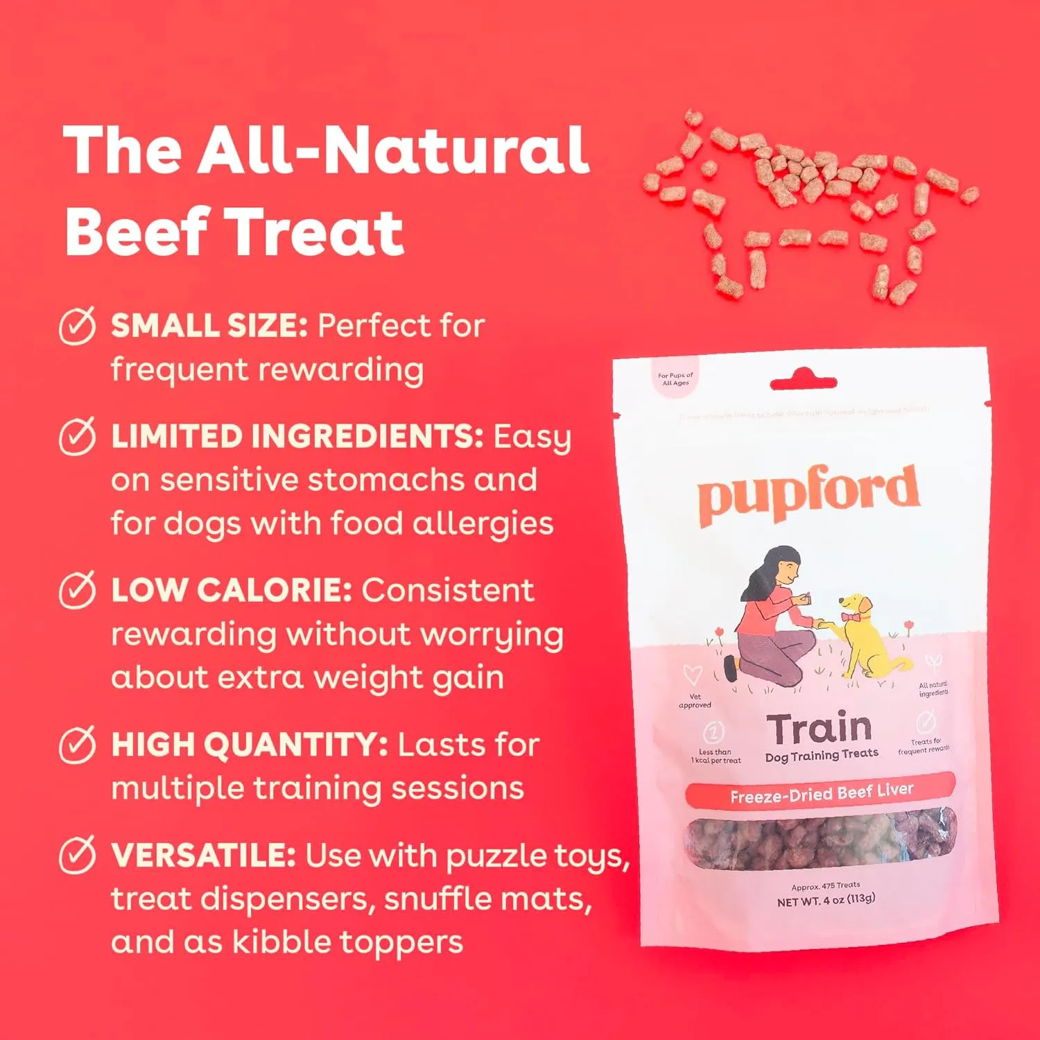Pupford Freeze Dried Training Treats for Dogs & Puppies, 475  Three Ingredient Bites (Beef Liver, 4 oz)