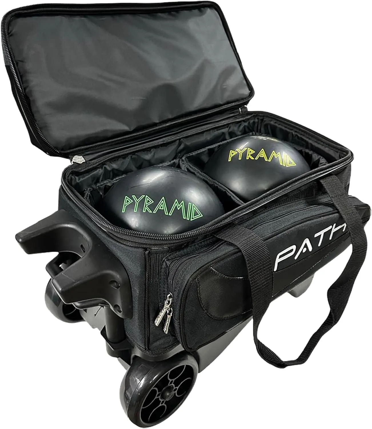 Pyramid Path Premium Deluxe 2 Ball Double Roller Bowling Bag With Large Separate Shoe Compartment (Up To US Mens Size 15) and Oversized Accessory Pocket, Retractable Locking Handle - Extends to 37"