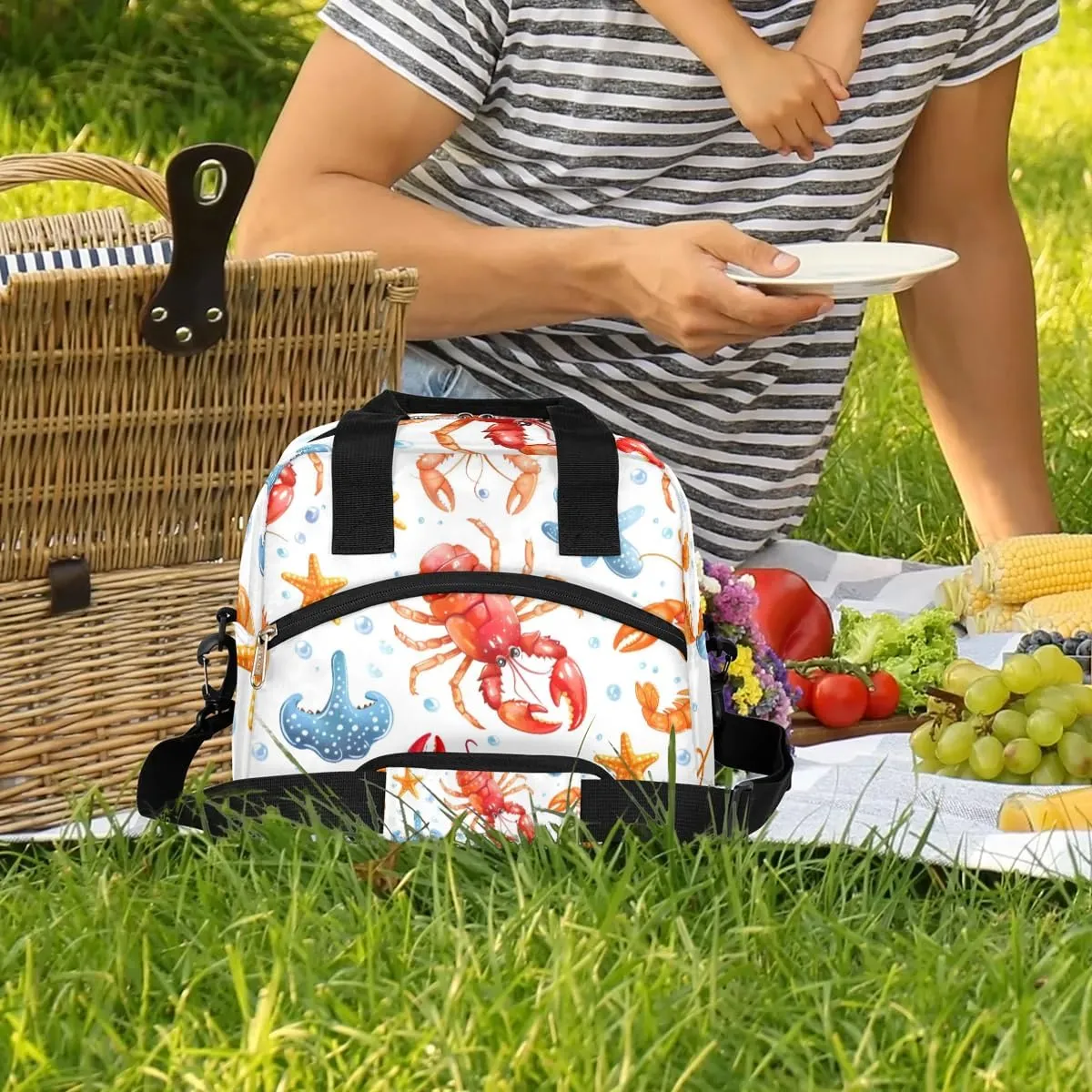 QsirBC Crayfish Design Theme Lunch Tote Insulated Lunch Bag Adult Bags with Strap Women Men Reusable Cooler Lunch Box for Work Picnic Travel Shopping Beach
