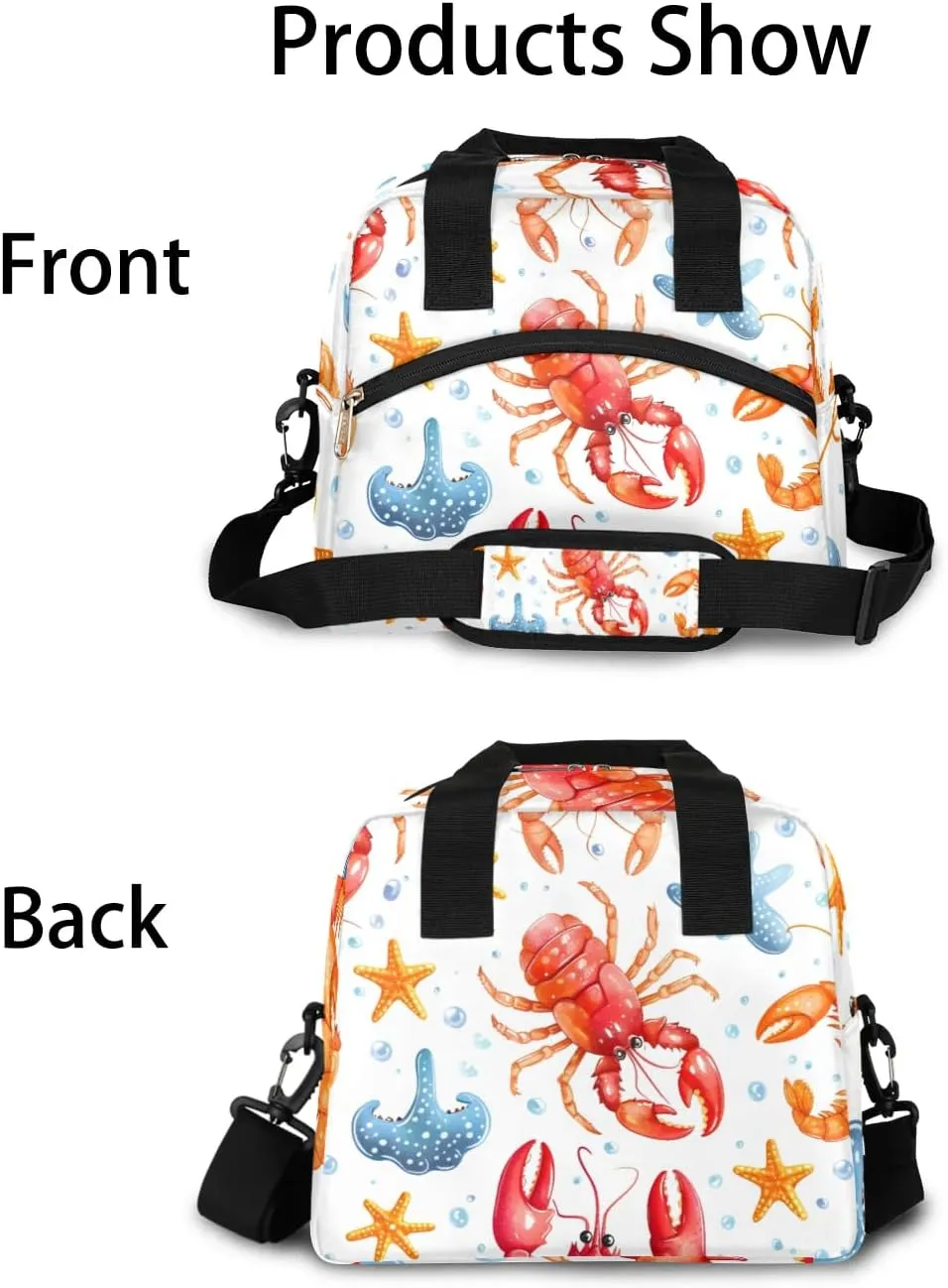 QsirBC Crayfish Design Theme Lunch Tote Insulated Lunch Bag Adult Bags with Strap Women Men Reusable Cooler Lunch Box for Work Picnic Travel Shopping Beach