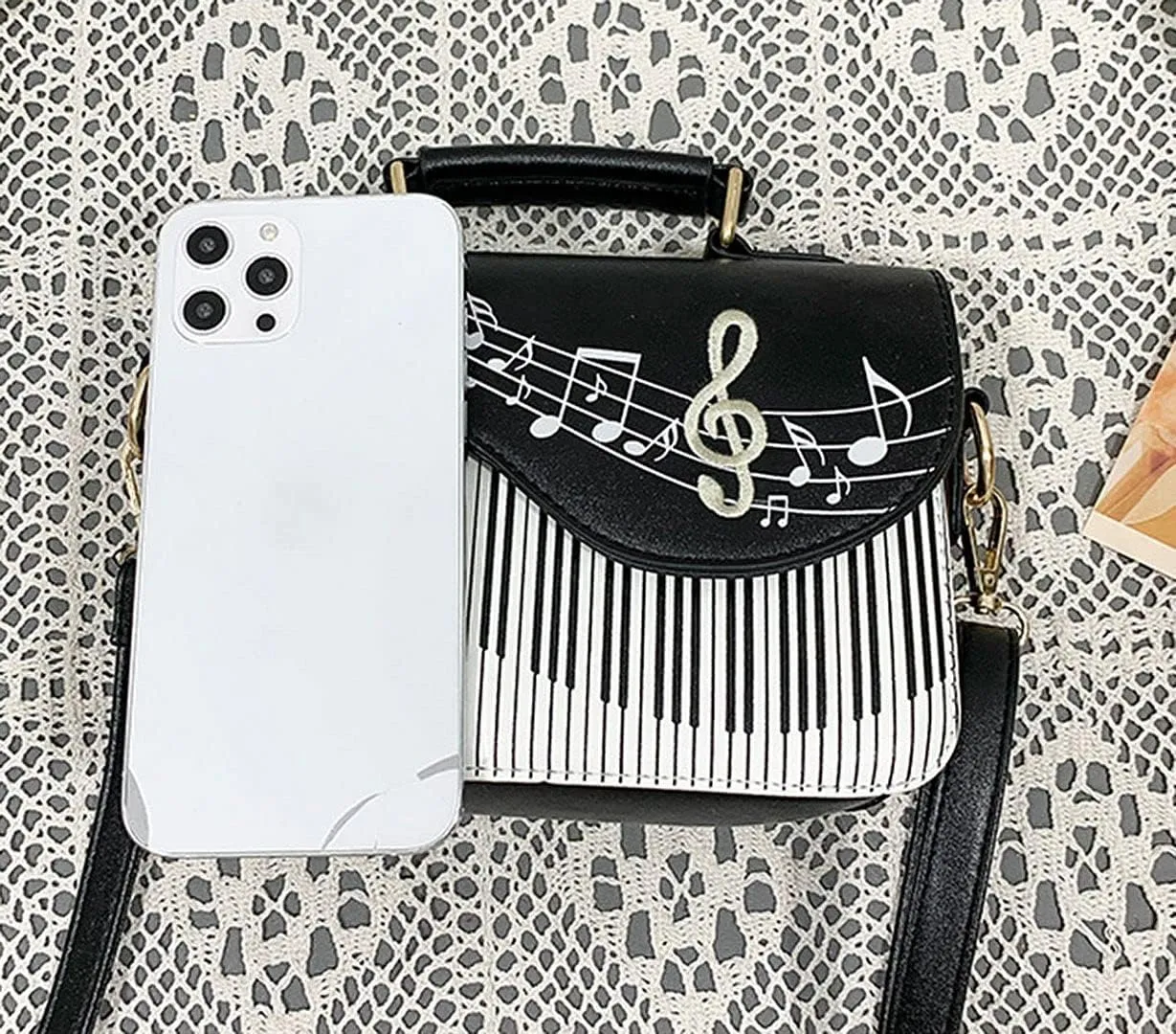 QZUnique Guitar/Violin/Piano Shoulder Bag Creative PU Leather Handbag Zipper Closure Crossbody Tote for Girls and Women
