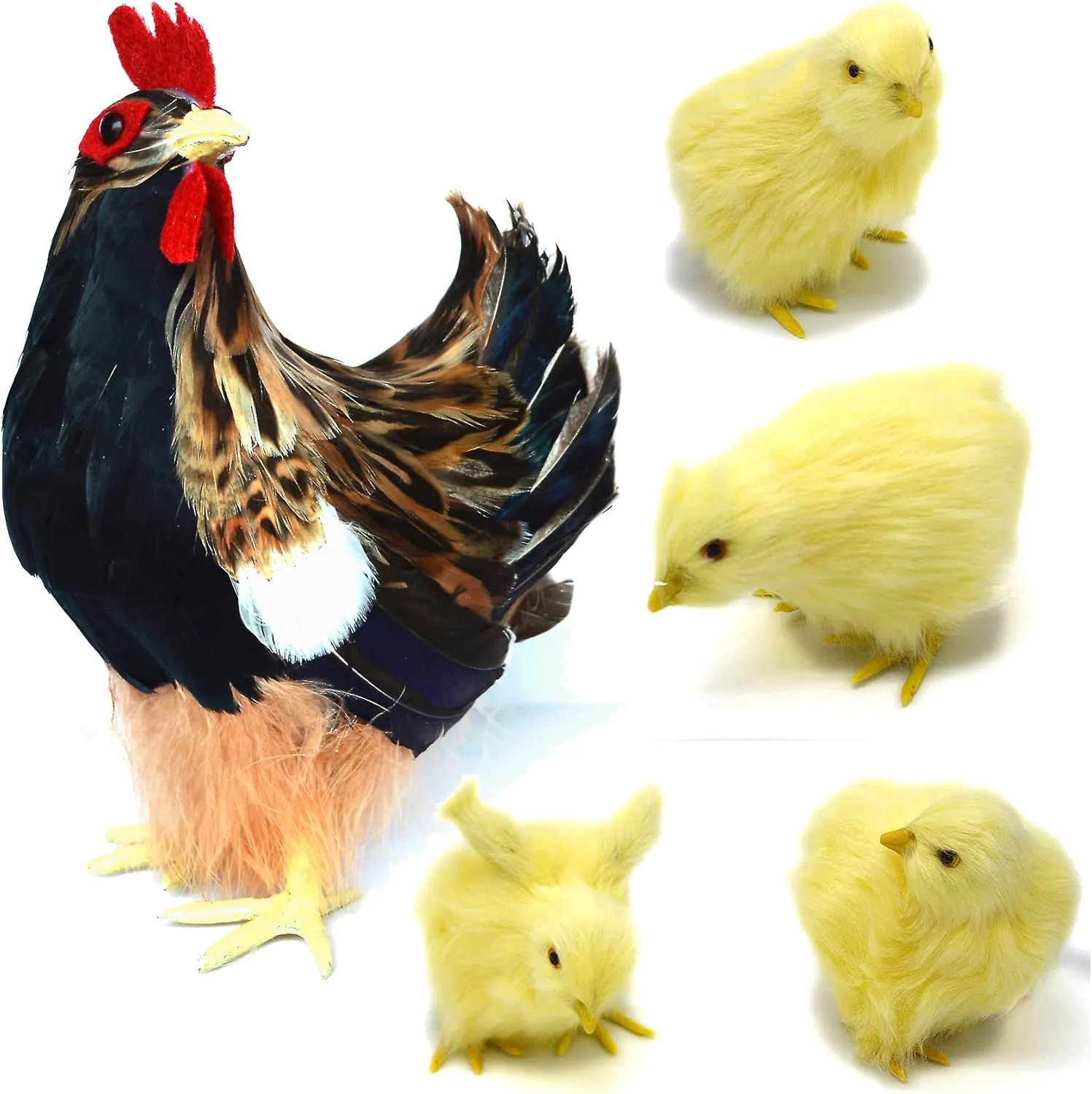 Realistic Small Feathered Hen with 4 Baby Chick Figurine Simulated Chicken Artificial Farm Animals Replica Spring Photography Props Easter Home Store Decoration (Brown)