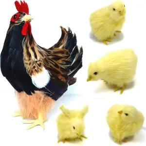 Realistic Small Feathered Hen with 4 Baby Chick Figurine Simulated Chicken Artificial Farm Animals Replica Spring Photography Props Easter Home Store Decoration (Brown)