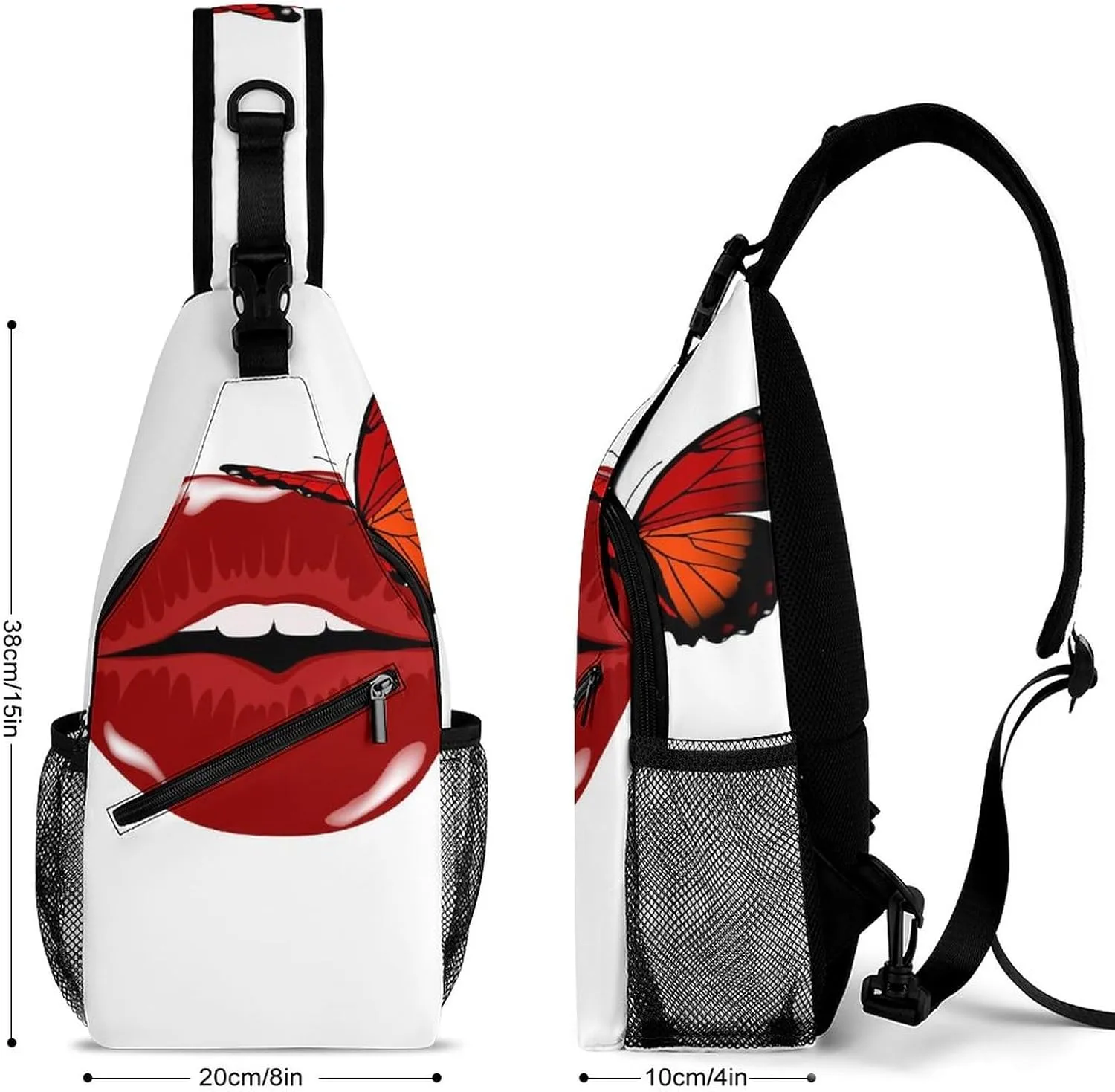 Red Lips Butterflies Sling Bag for Women Men Cute Sexy Kiss Crossbody Shoulder Bag with Anti Theft,Multipurpose Chest Bag for Travel,Hiking,Cycling,Camping