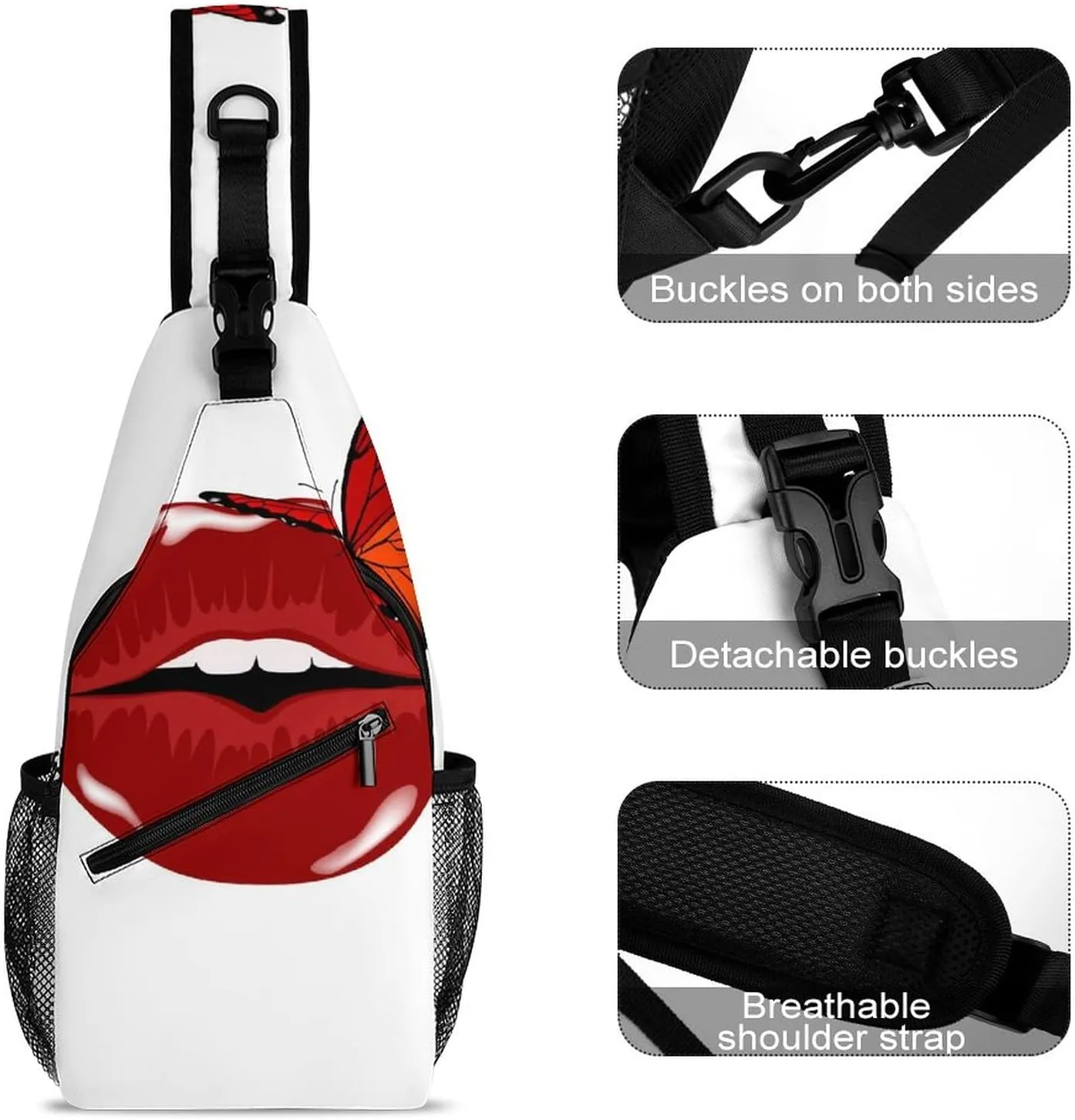 Red Lips Butterflies Sling Bag for Women Men Cute Sexy Kiss Crossbody Shoulder Bag with Anti Theft,Multipurpose Chest Bag for Travel,Hiking,Cycling,Camping