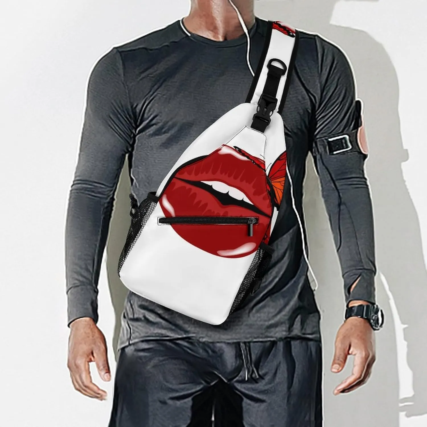 Red Lips Butterflies Sling Bag for Women Men Cute Sexy Kiss Crossbody Shoulder Bag with Anti Theft,Multipurpose Chest Bag for Travel,Hiking,Cycling,Camping