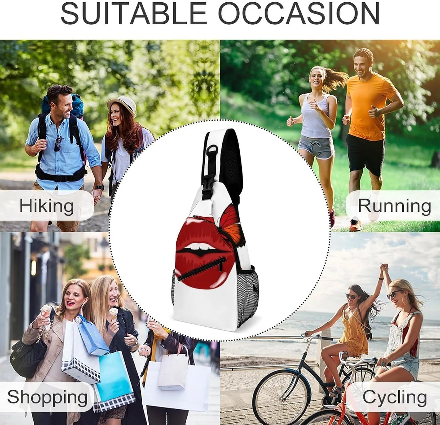 Red Lips Butterflies Sling Bag for Women Men Cute Sexy Kiss Crossbody Shoulder Bag with Anti Theft,Multipurpose Chest Bag for Travel,Hiking,Cycling,Camping