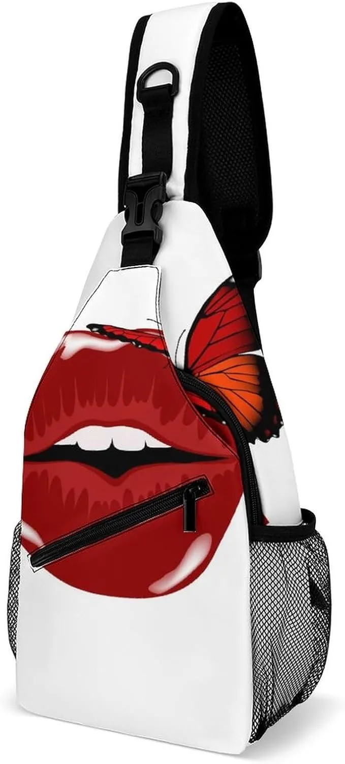 Red Lips Butterflies Sling Bag for Women Men Cute Sexy Kiss Crossbody Shoulder Bag with Anti Theft,Multipurpose Chest Bag for Travel,Hiking,Cycling,Camping