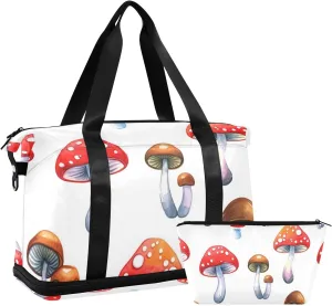 Red Mushroom Versatile Sports Travel Bag - Lasting Twill Tote, Removable Wheel & Rod Bagging, Multi-pocket Design, Complimentary Makeup Bag