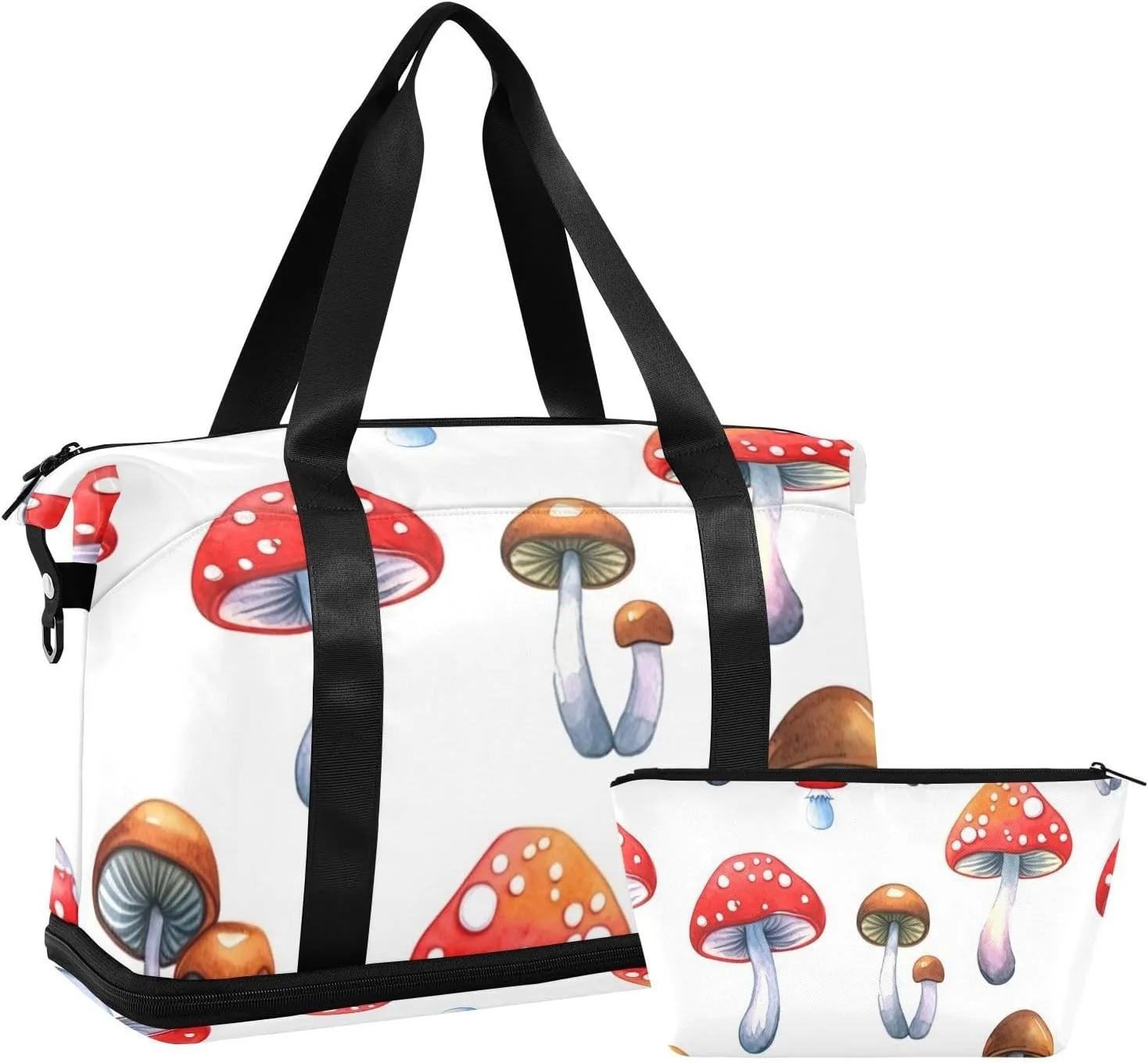 Red Mushroom Versatile Sports Travel Bag - Lasting Twill Tote, Removable Wheel & Rod Bagging, Multi-pocket Design, Complimentary Makeup Bag