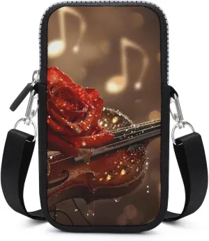 Red Rose And Violin Music Art Crossbody Bag for Women Men Phone Purses Shoulder Bag Handbag