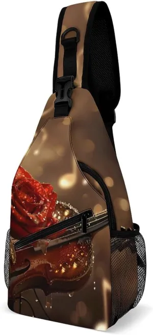 Red Rose And Violin Music Art Crossbody Sling Bag Lightweight Travel Hiking Chest Bag Daypack for Men Women