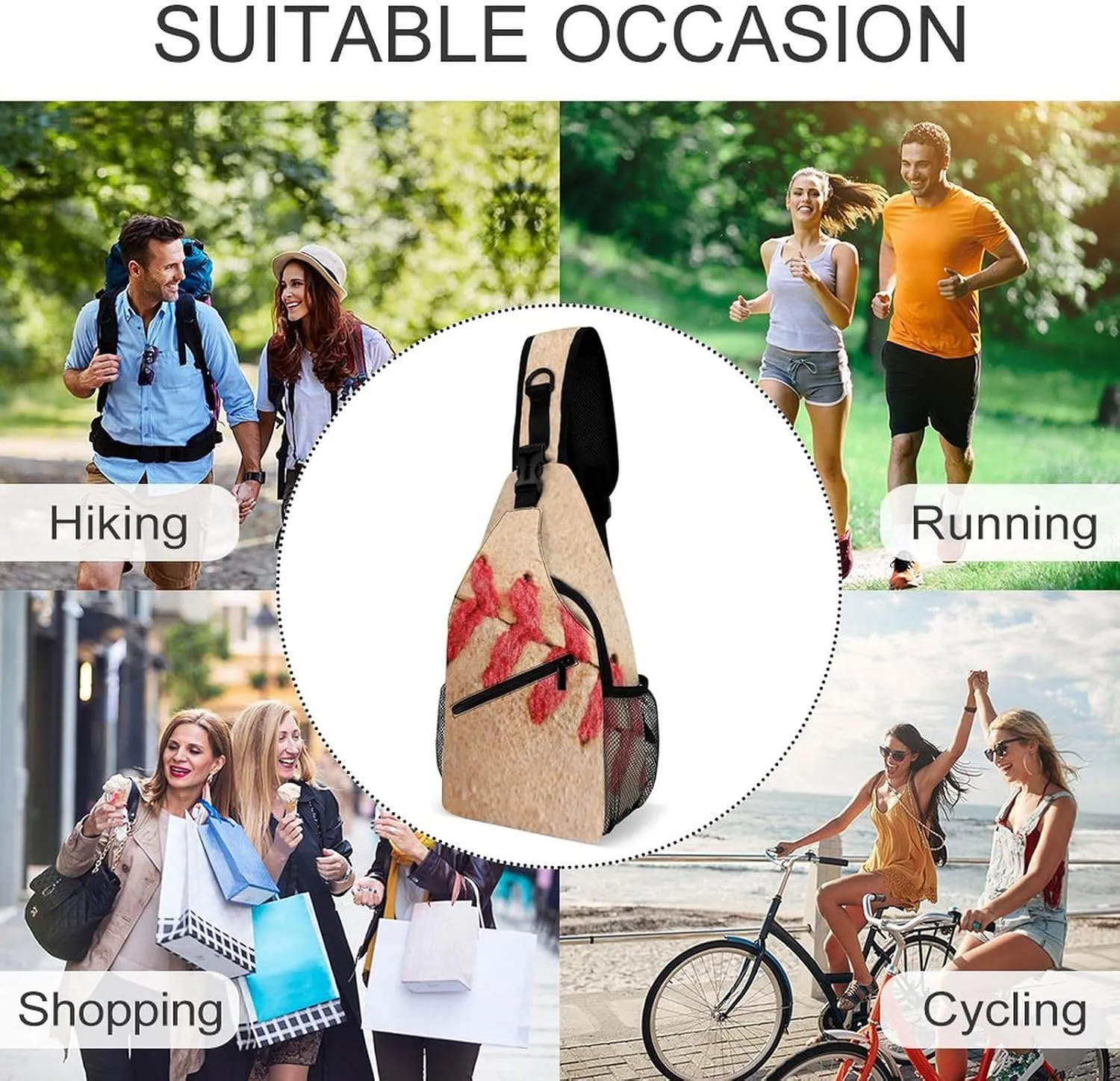 Red Stitching Baseball Sling Bag for Women Men Retro Crossbody Sling Backpack with Anti Theft,Multipurpose Chest Bag for Travel,Hiking,Cycling,Camping