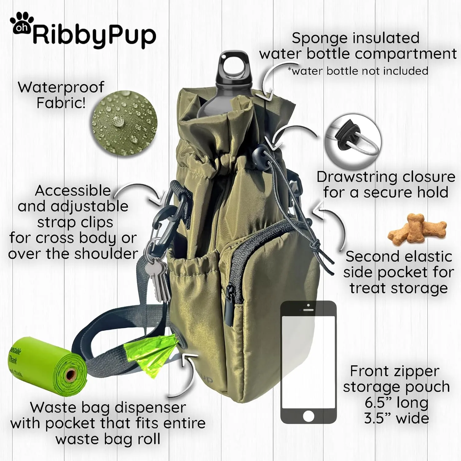 RibbyPup Waterproof Dog Walking Bag with Universal Water Bottle Holder, Built-In Poop Bag Dispenser, Unisex Cross-Body Treat Pouch (Black)