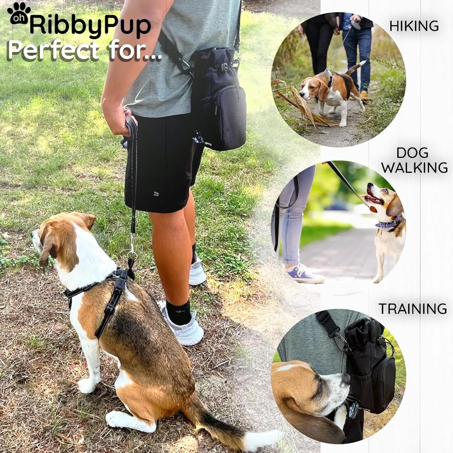 RibbyPup Waterproof Dog Walking Bag with Universal Water Bottle Holder, Built-In Poop Bag Dispenser, Unisex Cross-Body Treat Pouch (Black)