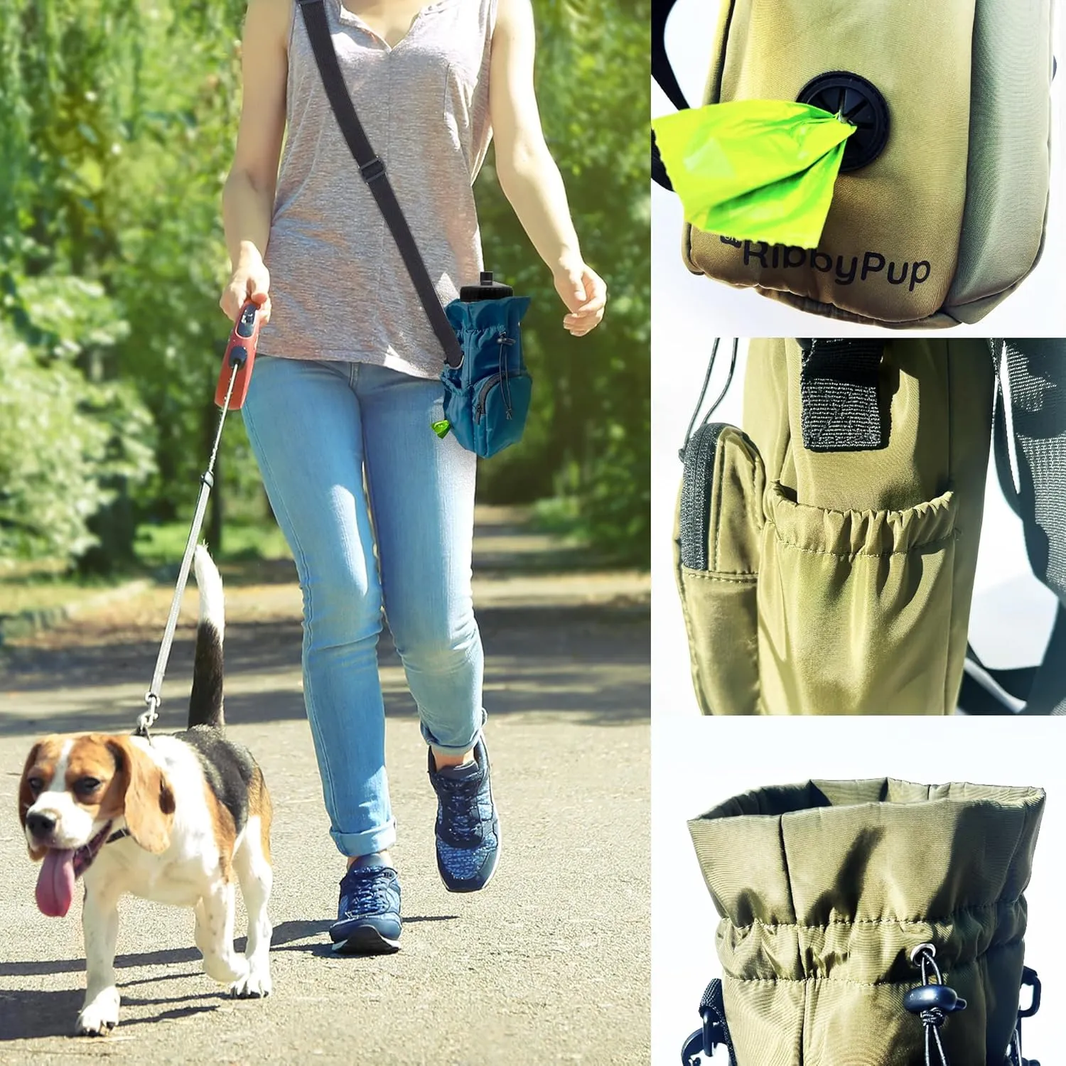 RibbyPup Waterproof Dog Walking Bag with Universal Water Bottle Holder, Built-In Poop Bag Dispenser, Unisex Cross-Body Treat Pouch (Black)