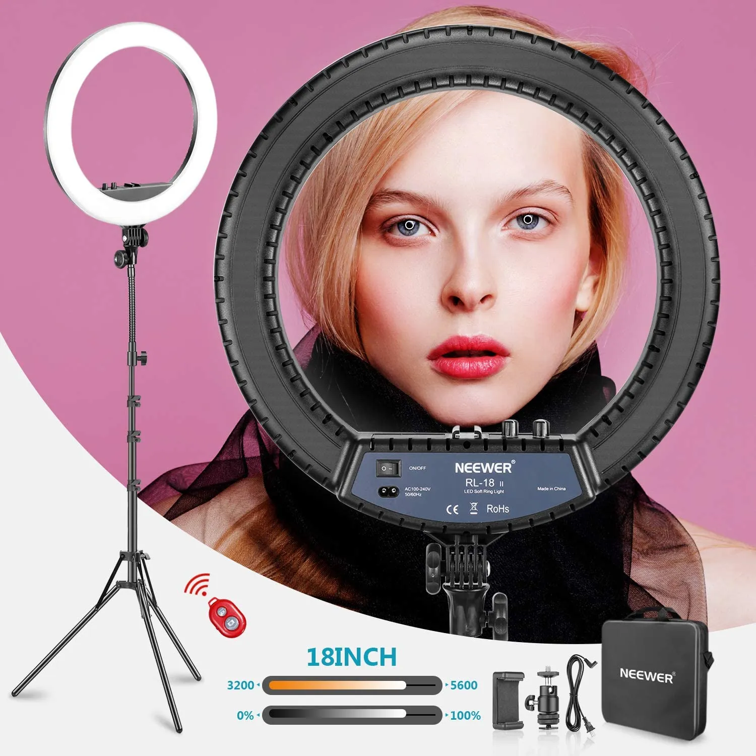 Ring Light 18 Inch 65W LED Ringlight Kit with Tripod Stand with Phone Holder Adjustable Color Temperature Circle MUA Lighting for iPhone Camera for for Vlog, Makeup, YouTube, Video Shooting, Selfie